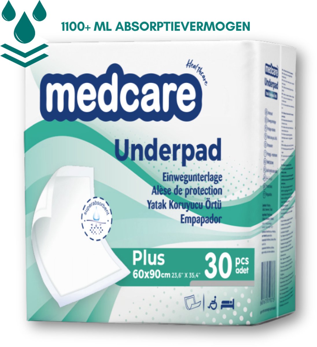 30 stuks – Medcare Incontinentie Onderleggers Plus 60x90 cm – 1100+ ml absorptievermogen – Bedbescherming – hoge kwaliteit onderlegger - beste prijs / kwaliteit