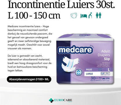 Medcare Maxi – Incontinentieluiers – Maat L – 30 stuks – Voordeelverpakking – Hoge absorptie & Comfort – Unisex