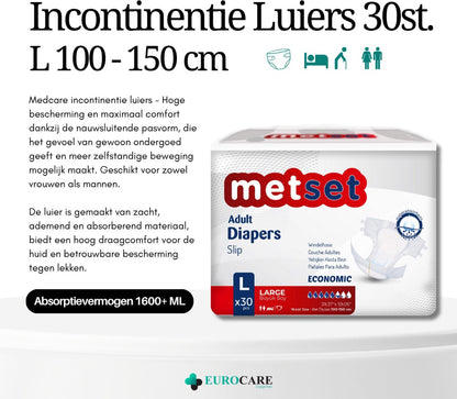 Medcare Metset– Incontinentieluiers – Maat L – 30 stuks – Voordeelverpakking – Hoge absorptie & Comfort – Unisex
