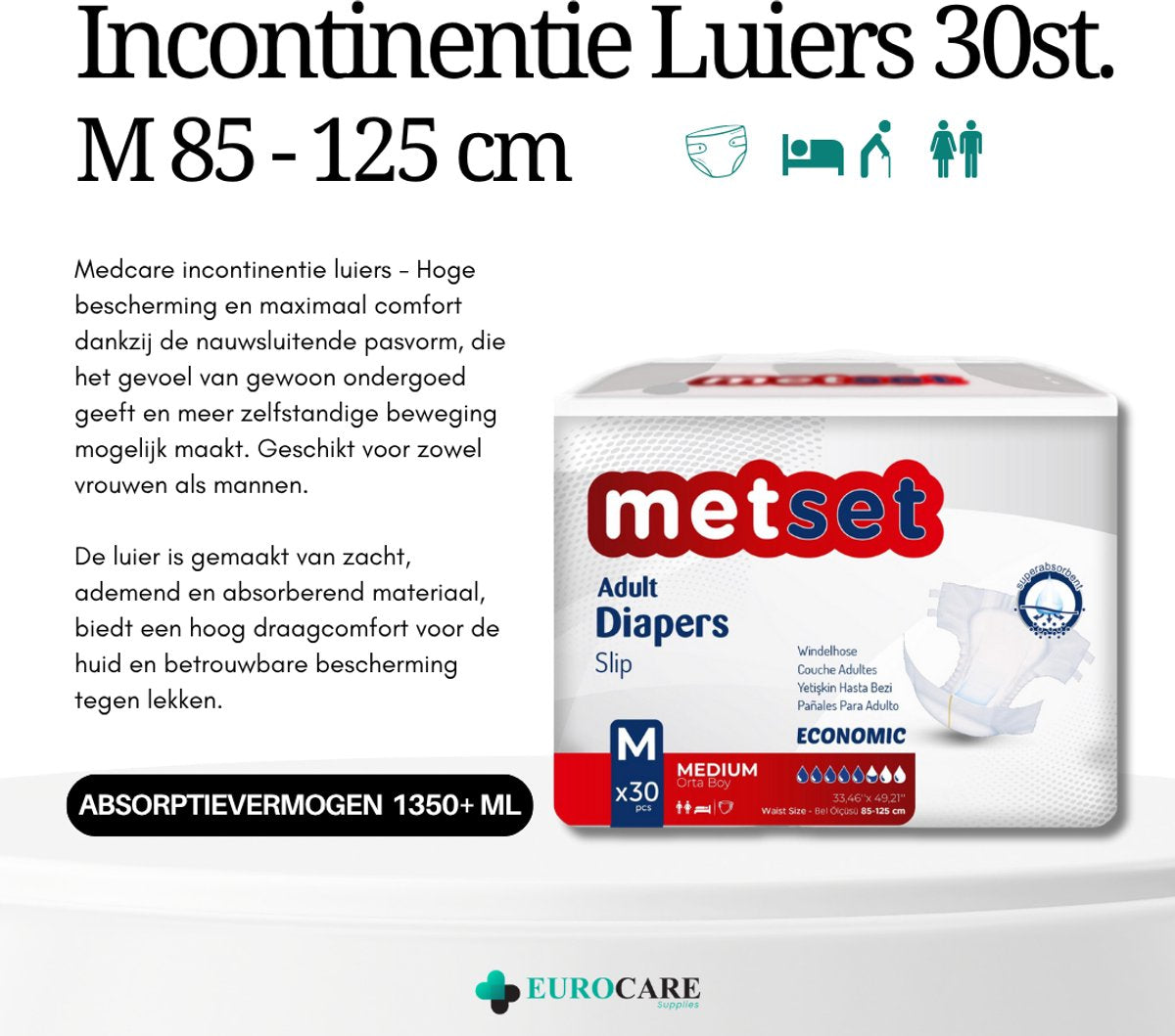 Medcare Metset– Incontinentieluiers – Maat M – 30 stuks – Voordeelverpakking – Hoge absorptie & Comfort – Unisex