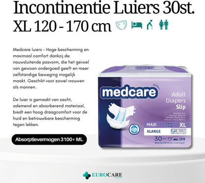 Medcare Maxi – Incontinentieluiers – Maat XL– 30 stuks – Voordeelverpakking – Hoge absorptie & Comfort – Unisex