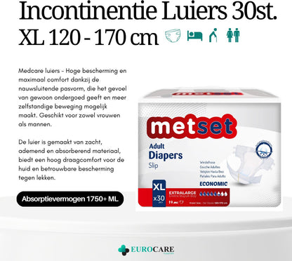 Medcare Metset – Incontinentieluiers – Maat XL – 30 stuks – Voordeelverpakking – Hoge absorptie & Comfort – Unisex