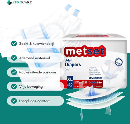 Medcare Metset – Incontinentieluiers – Maat XL – 30 stuks – Voordeelverpakking – Hoge absorptie & Comfort – Unisex