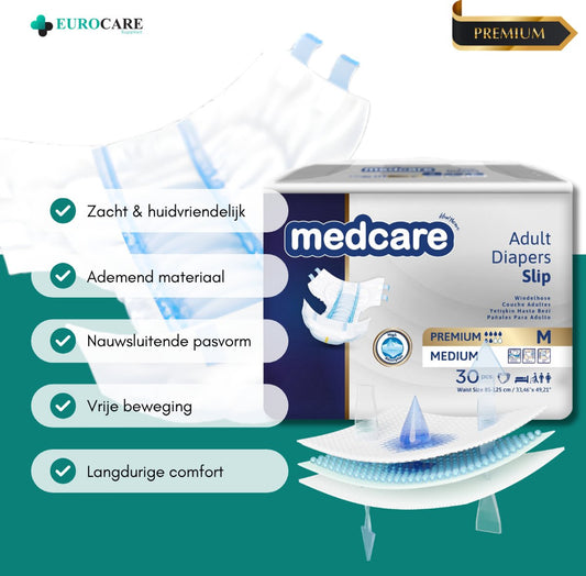 Medcare Diapers – Premium Incontinentie luiers – Maat M – 30 stuks – Voordeelverpakking – Hoge absorptie & Comfort – Unisex