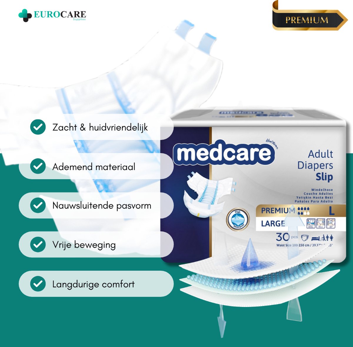 Medcare Diapers – Premium Incontinentie luiers – Maat L – 30 stuks – Voordeelverpakking – Hoge absorptie & Comfort – Unisex