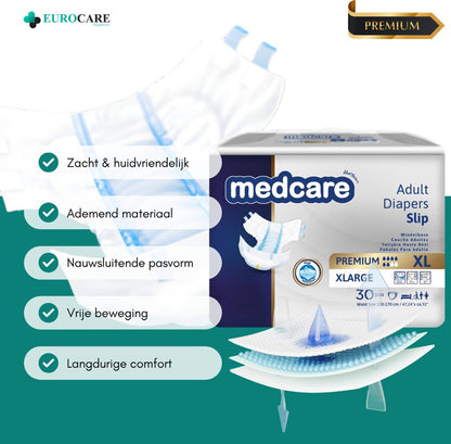 Medcare Diapers – Premium Incontinentieluiers – Maat XL – 30 stuks – Voordeelverpakking – Hoge absorptie & Comfort – Unisex