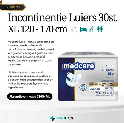 Medcare Diapers – Premium Incontinentieluiers – Maat XL – 30 stuks – Voordeelverpakking – Hoge absorptie & Comfort – Unisex