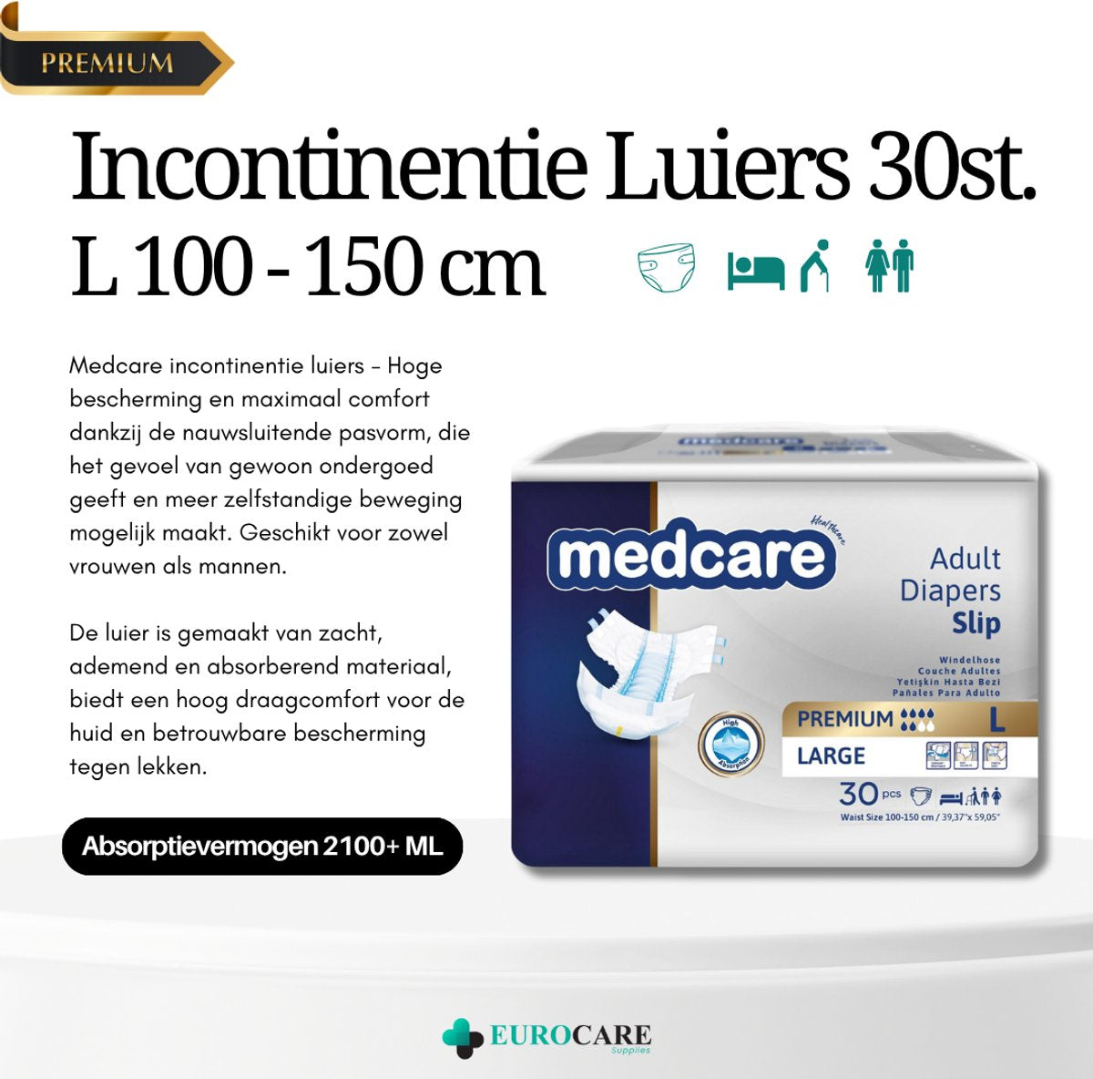 Medcare Diapers – Premium Incontinentie luiers – Maat L – 30 stuks – Voordeelverpakking – Hoge absorptie & Comfort – Unisex
