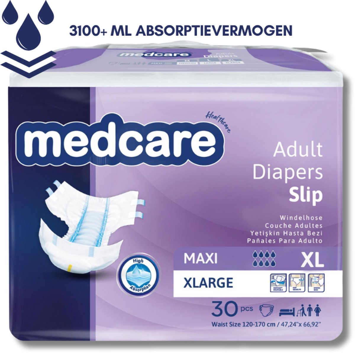 Medcare Maxi – Incontinentieluiers – Maat XL– 30 stuks – Voordeelverpakking – Hoge absorptie & Comfort – Unisex