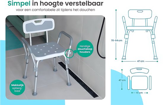 Eurocare Premium Douchestoel – Verstelbaar & Lichtgewicht Kliksysteem – Antislip – Met Douchekophouder – Inclusief Gratis Handvat