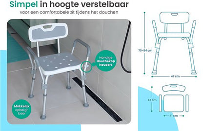 Eurocare Premium Douchestoel – Verstelbaar & Lichtgewicht Kliksysteem – Antislip – Met Douchekophouder – Inclusief Gratis Handvat