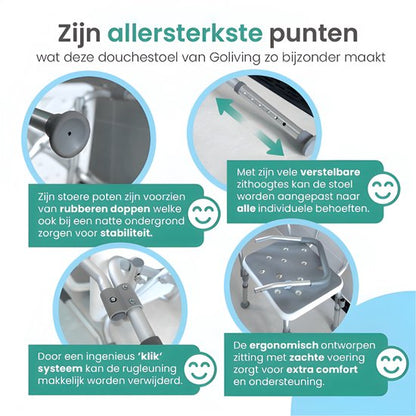 Eurocare Premium Douchestoel – Verstelbaar & Lichtgewicht Kliksysteem – Antislip – Met Douchekophouder – Inclusief Gratis Handvat
