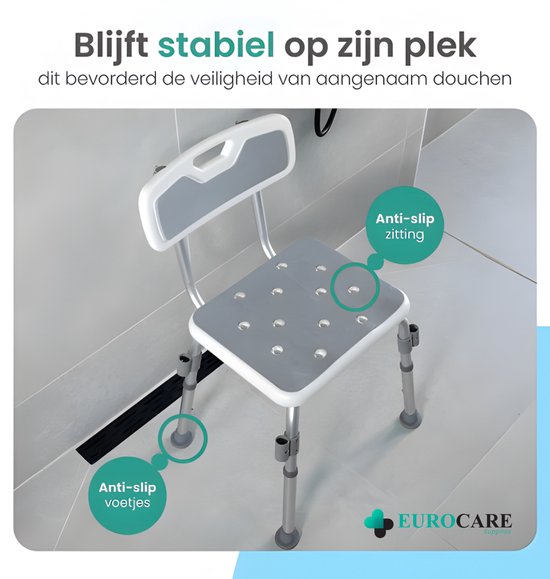 Eurocare Premium Douchestoel – Verstelbaar & Lichtgewicht Kliksysteem – Antislip – Met Douchekophouder – Inclusief Gratis Handvat