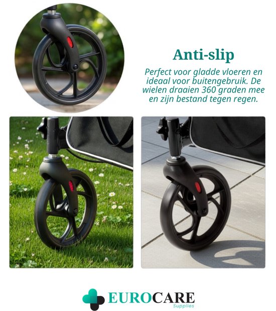 Eurocare Premium Rollator Lichtgewicht Inplakbaar 7KG – Met Zitting, Rugsteun & Boodschappentas – Verstelbaar – Binnen & Buiten – Zwart