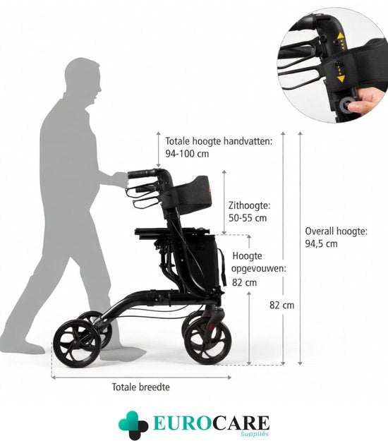 Eurocare Premium Rollator Lichtgewicht Inplakbaar 7KG – Met Zitting, Rugsteun & Boodschappentas – Verstelbaar – Binnen & Buiten – Zwart