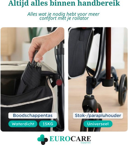 Eurocare Premium Rollator Lichtgewicht Inplakbaar 7KG – Met Zitting, Rugsteun & Boodschappentas – Verstelbaar – Binnen & Buiten – Zwart