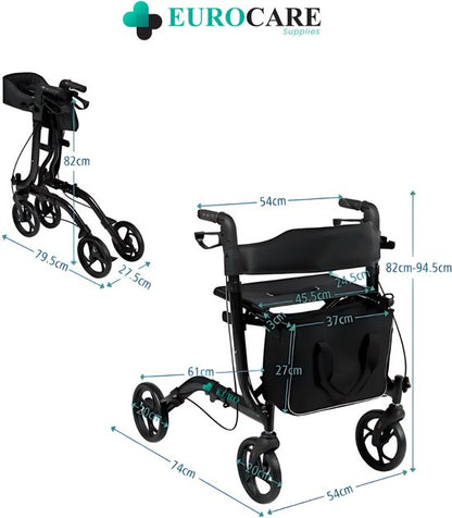 Eurocare Premium Rollator Lichtgewicht Inplakbaar 7KG – Met Zitting, Rugsteun & Boodschappentas – Verstelbaar – Binnen & Buiten – Zwart