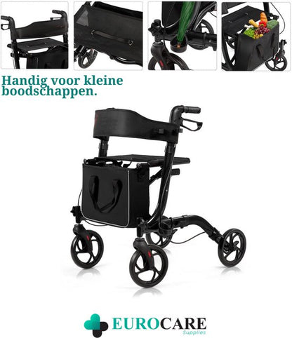 Eurocare Premium Rollator Lichtgewicht Inplakbaar 7KG – Met Zitting, Rugsteun & Boodschappentas – Verstelbaar – Binnen & Buiten – Zwart