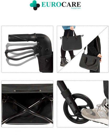 Eurocare Premium Rollator Lichtgewicht Inplakbaar 7KG – Met Zitting, Rugsteun & Boodschappentas – Verstelbaar – Binnen & Buiten – Zwart
