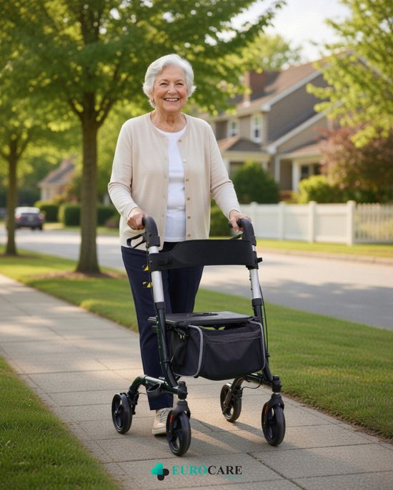 Eurocare Premium Rollator Lichtgewicht Inplakbaar 7KG – Met Zitting, Rugsteun & Boodschappentas – Verstelbaar – Binnen & Buiten – Zwart
