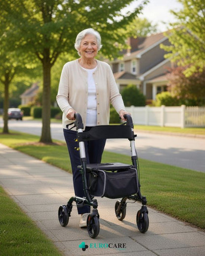 Eurocare Premium Rollator Lichtgewicht Inplakbaar 7KG – Met Zitting, Rugsteun & Boodschappentas – Verstelbaar – Binnen & Buiten – Zwart