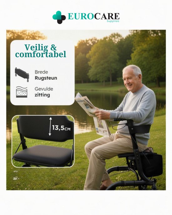 Eurocare Premium Rollator Lichtgewicht Inplakbaar 7KG – Met Zitting, Rugsteun & Boodschappentas – Verstelbaar – Binnen & Buiten – Zwart