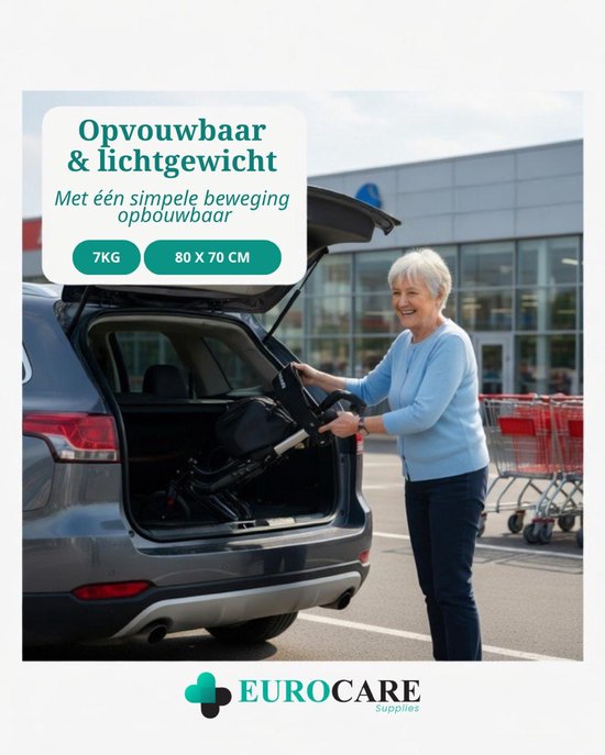 Eurocare Premium Rollator Lichtgewicht Inplakbaar 7KG – Met Zitting, Rugsteun & Boodschappentas – Verstelbaar – Binnen & Buiten – Zwart