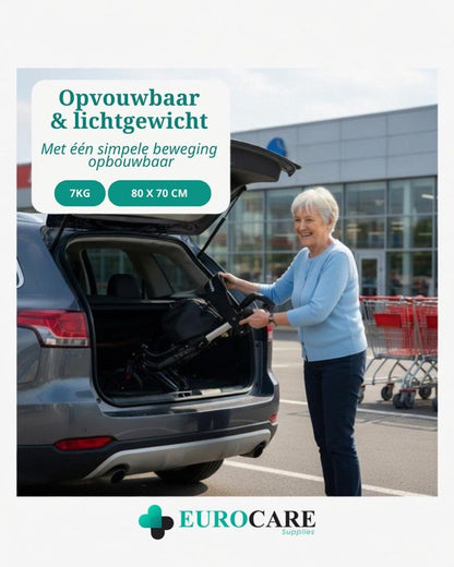 Eurocare Premium Rollator Lichtgewicht Inplakbaar 7KG – Met Zitting, Rugsteun & Boodschappentas – Verstelbaar – Binnen & Buiten – Zwart