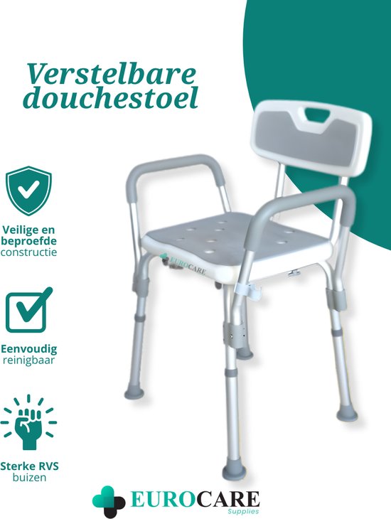Eurocare Premium Douchestoel – Verstelbaar & Lichtgewicht Kliksysteem – Antislip – Met Douchekophouder – Inclusief Gratis Handvat