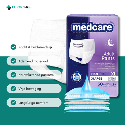 30 Stuks – Medcare Incontinentiebroekjes Maxi+ – Maat XL – 2450+ ml absorptie – Wegwerppants voor matige tot zware incontinentie – Comfortabel & huidvriendelijk – Dag & nacht bescherming