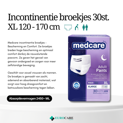 30 Stuks – Medcare Incontinentiebroekjes Maxi+ – Maat XL – 2450+ ml absorptie – Wegwerppants voor matige tot zware incontinentie – Comfortabel & huidvriendelijk – Dag & nacht bescherming